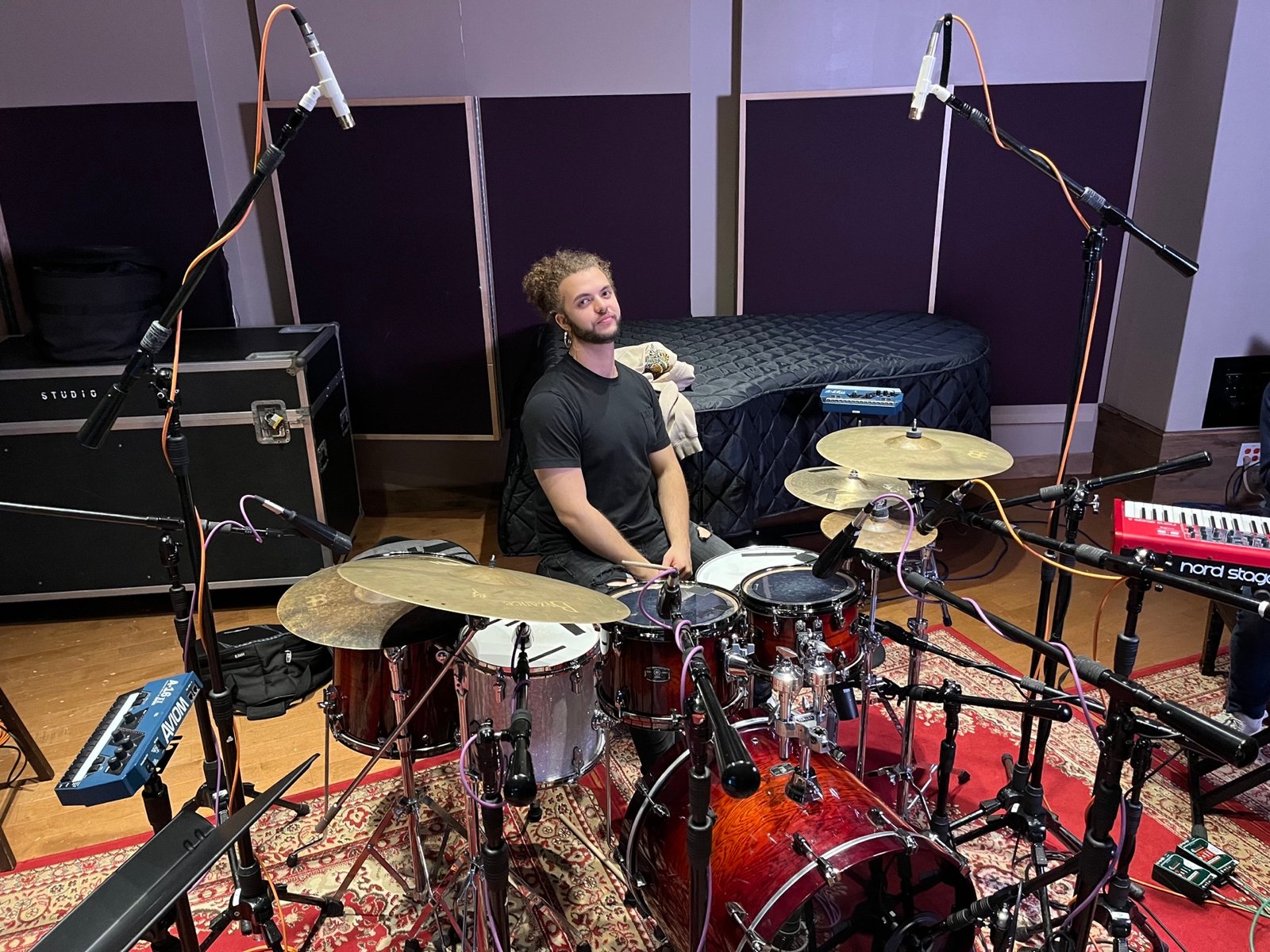 Drum tracking session in the studio, mic'd up around the kit