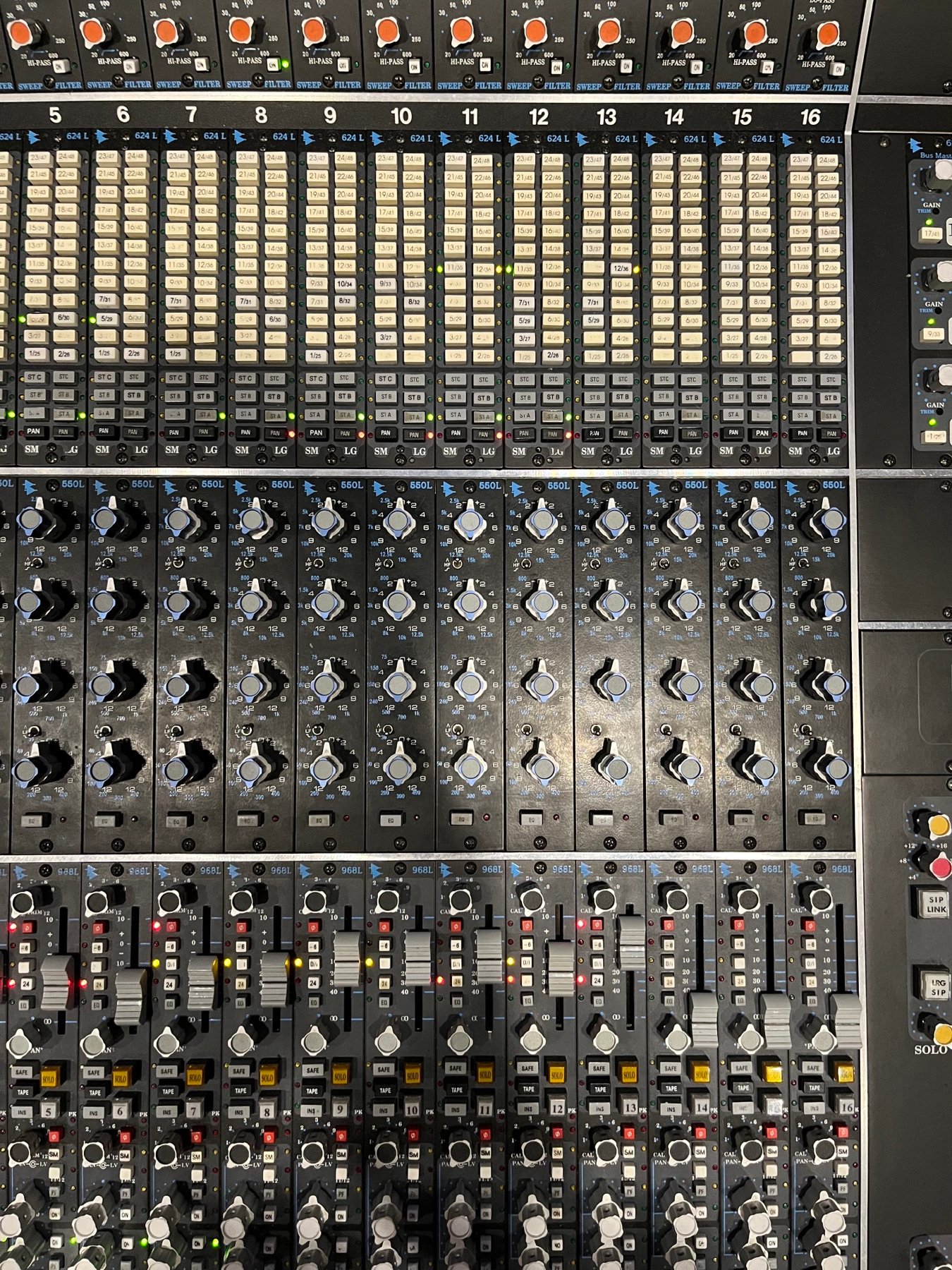 Close-up of analog mixing console channel strips